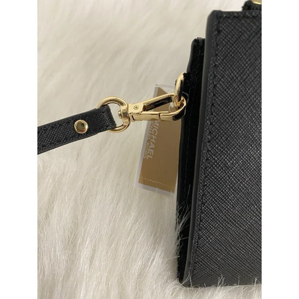 Michael Kors Saffiano Leather Double Zip Wallet Phone Case Wristlet Black Gold